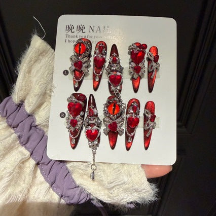 Handmade Red Evil Eye Press On Nails | Luxury Heavy Industry Rhinestone & 3D Heart Reusable Fake Nails, Dark Goth Red Cat Eye Nail Art
