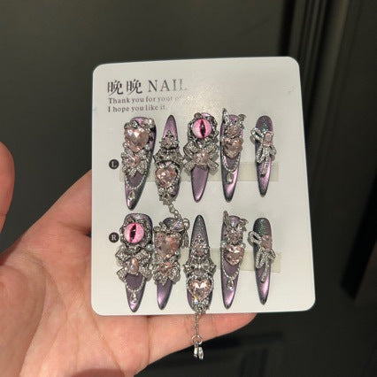 Handmade Dark Purple Metallic Long Stiletto Press On Nails with Pink Evil Eye Charms, Giant Pink Heart Crystals, Rhinestone Clusters & Dangling Silver Chains