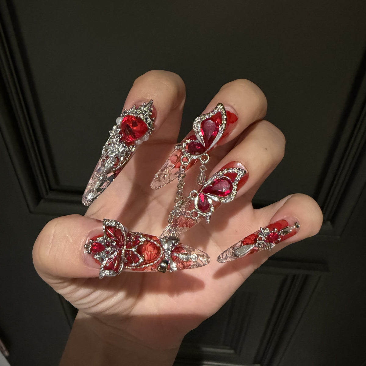 Handmade Red Petal Clear Long Stiletto Press On Nails with Large Red Heart Crystals & Butterfly Silver Charms