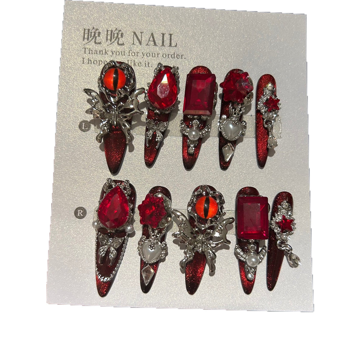 Handmade Red Demon Eye Long Stiletto Press On Nails, Red Gem Butterfly False Nails with Pearls & Chains