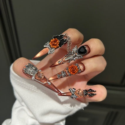 Handmade Vintage Orange Cat Eye Press On Nails | Luxury Heavy Industry 3D Rose, Crown & Chain Reusable Fake Nails, Goth Nail Art