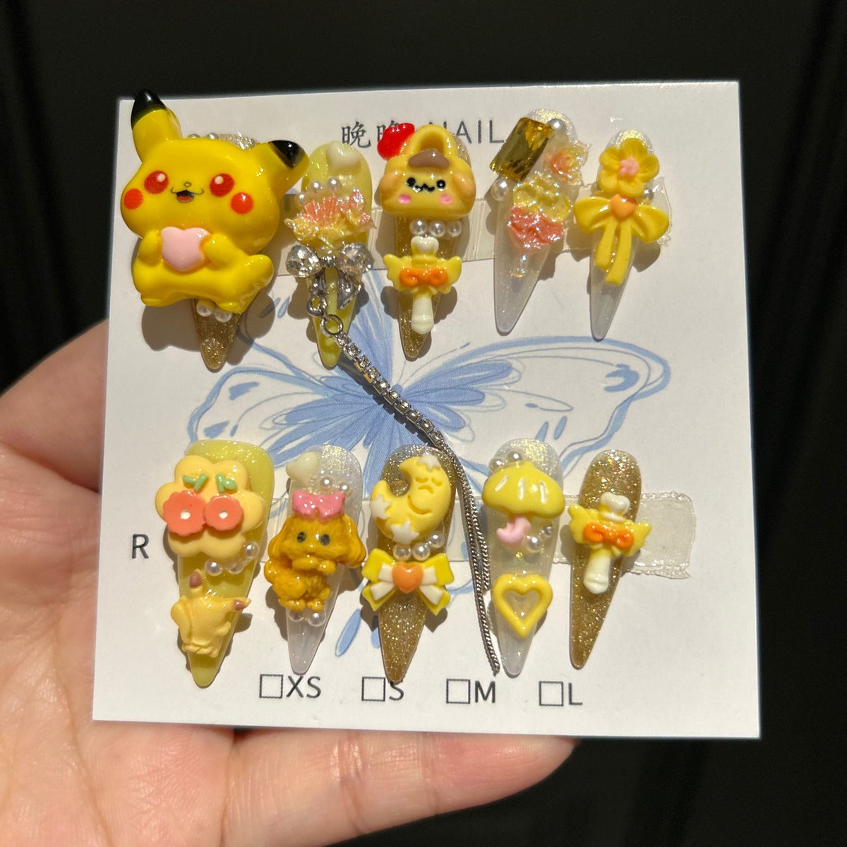 Handcrafted Designer Cartoon Press-on Nails - Shimmering Cat Eye Base with Heavy 3D Pikachu, Puppies and Cute Accessories