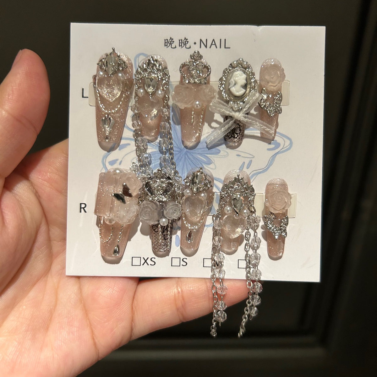 Handmade Milky Pink Shimmer Long Stiletto Press On Nails with Vintage Cameo, 3D Roses, Giant Heart Crystals & Long Crystal Chains