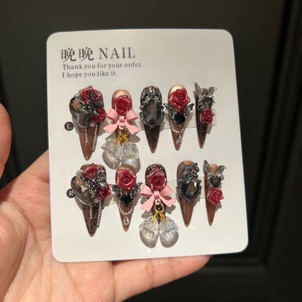 Handmade Brown Cat Eye Press On Nails | Luxury Heavy Industry 3D Red Rose, Pink Bow & Hanging Charms Reusable Fake Nails, Goth Art