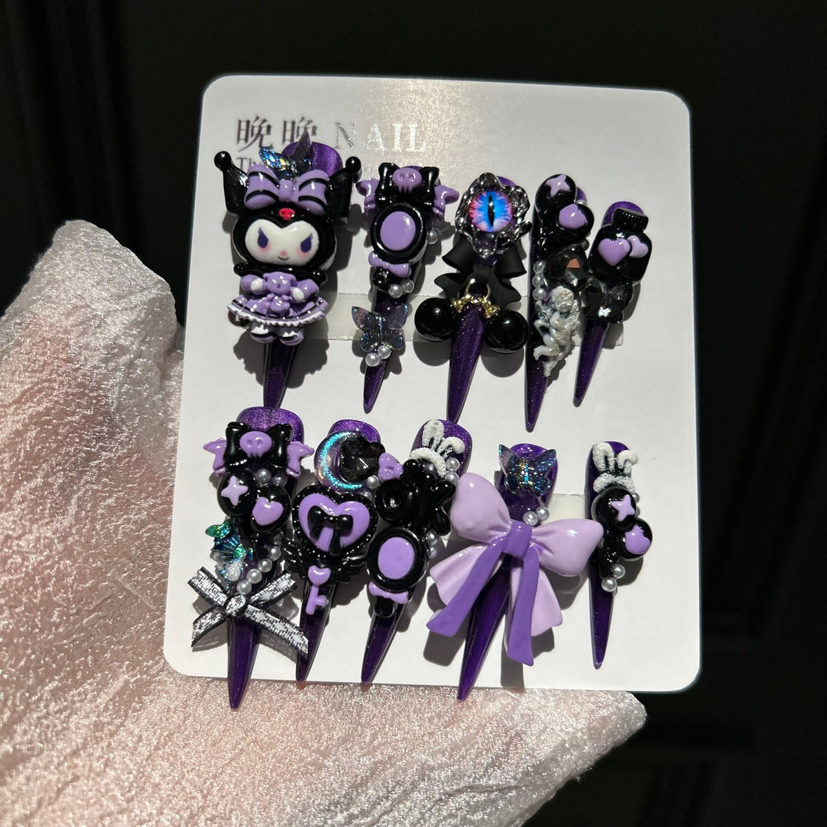 Handmade Purple Black Long Stiletto Press On Nails with 3D Kuromi Charms, Evil Eye, Bows, Skulls & Butterfly Rhinestones
