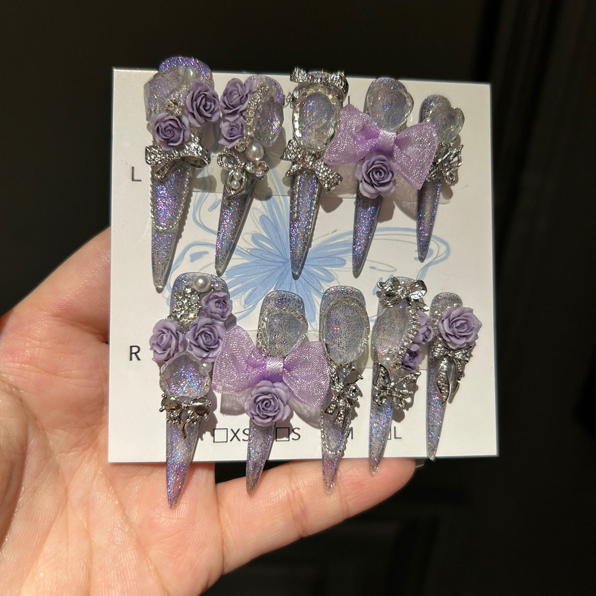 Handmade Purple Glitter Rose Bow Long Stiletto Press On Nails with Rhinestones & Pearls