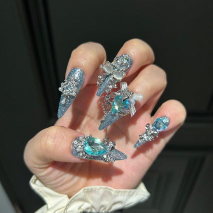 Ice Blue Cat Eye Stiletto Press-on Nails with 3D Blue Crystal Gem, Pearls, Bowknot, and Hanging Chain Charms - Luxury Statement Fake Nail Set