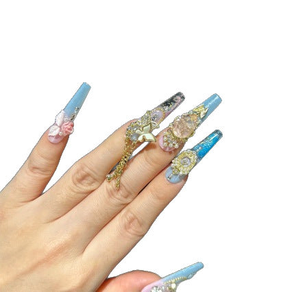 Handmade Pink Blue Ombre Gold Rose Long Coffin Press On Nails with Crystals & Chains