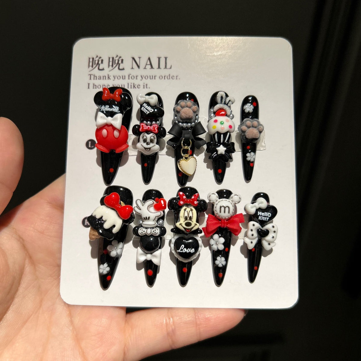Red, Black & White Stiletto Press-on Nails with 3D Mickey Minnie, Cartoon Hand, Fluffy Paw, Cupcake, and Heart Charm - Y2K Kawaii Fake Nail Set