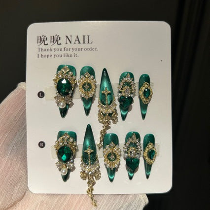 Handmade Emerald Green Cat Eye Press On Nails | Luxury White Cat Eye & 3D Butterfly Reusable Fake Nails, Heavy Industry Rhinestone Art