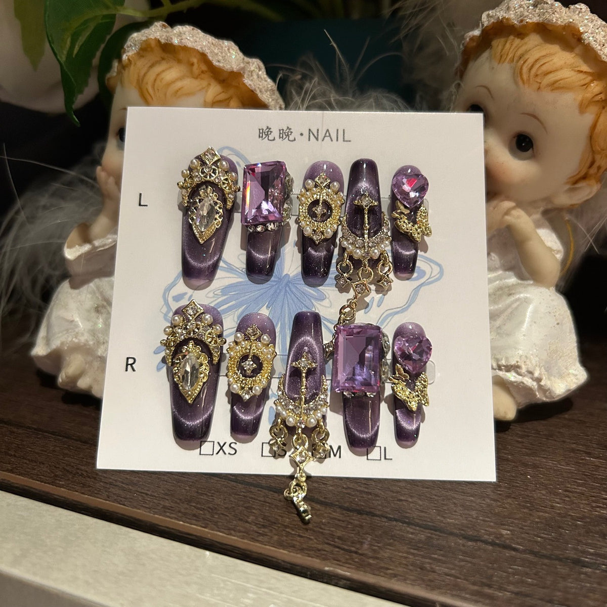 Handmade Purple Cat Eye Long Coffin Press On Nails with Amethyst Purple Crystals, Gold Moon Star Charms & Pearl Clusters