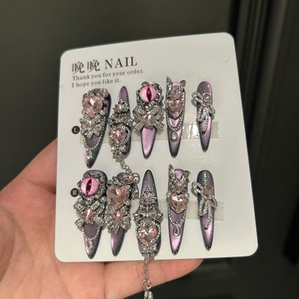 Handmade Dark Purple Metallic Long Stiletto Press On Nails with Pink Evil Eye Charms, Giant Pink Heart Crystals, Rhinestone Clusters & Dangling Silver Chains
