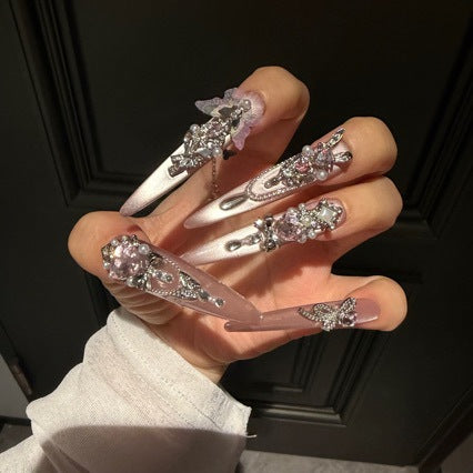 Handmade Nude Pink Metallic Long Stiletto Press On Nails with Giant Pink Crystals, Tulle Butterfly Charms, Pearl Clusters & Dangling Silver Chains