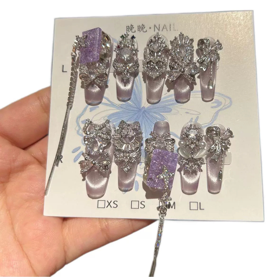 Handmade Light Lavender Metallic Long Coffin Press On Nails with Purple Crushed Stone Accents, Silver Rhinestone Moon & Bow Charms, Long Tassel Chains