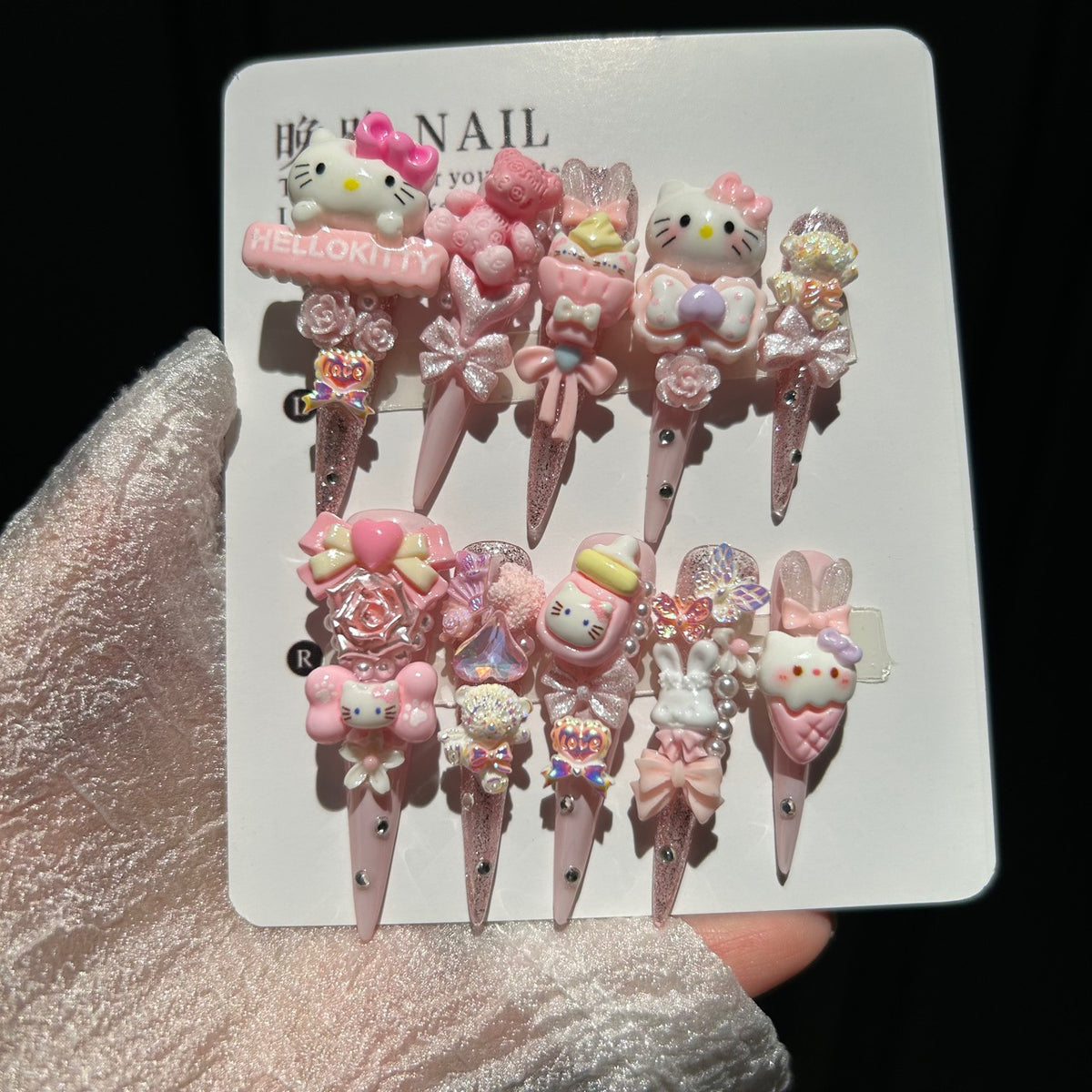 Handmade Pink Glitter Kawaii Long Stiletto Press On Nails with Hello Kitty Charms, 3D Bunnies, Bears, Bows, Roses & Iridescent Rhinestones