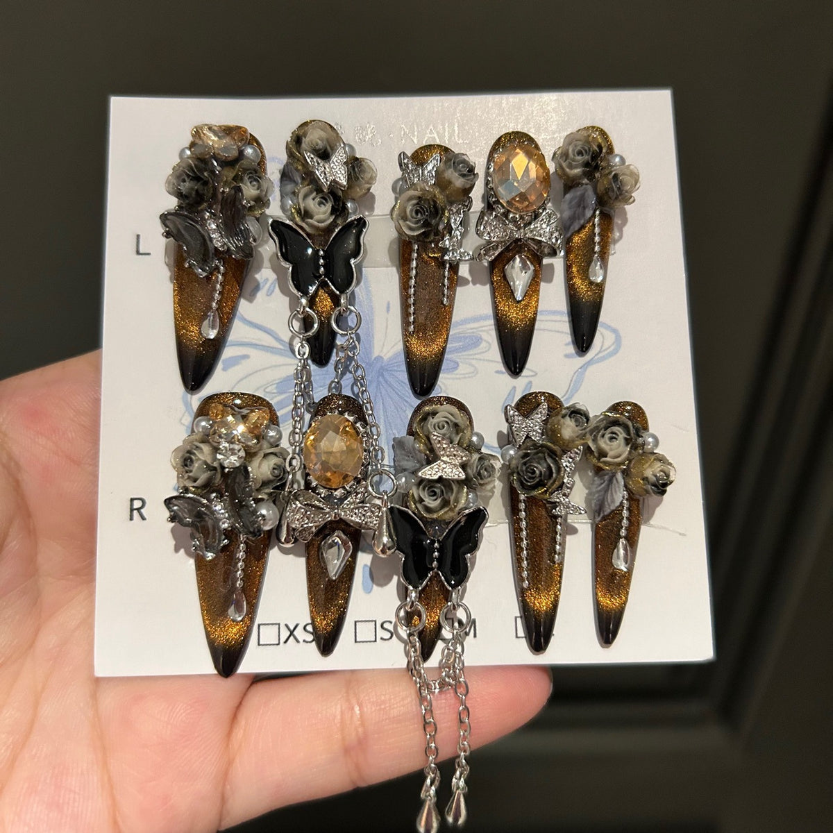 Handmade Golden Cat Eye Long Stiletto Press On Nails with 3D Smoky Roses, Black Butterfly Charms, Amber Crystals & Hanging Chains