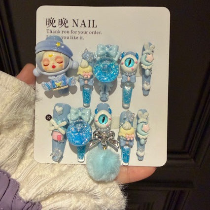 Handmade Kawaii Blue 3D Doll Press On Nails, Long Stiletto Pop Mart Inspired False Nails, Glitter Bow Pom Pom Reusable Fake Nails For Cosplay Party