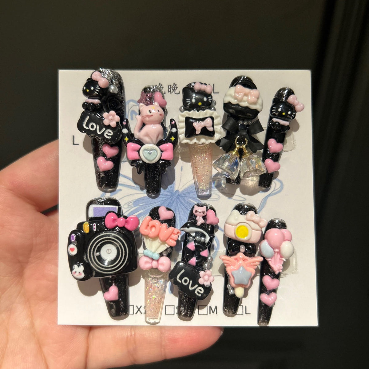 Handmade Black Kawaii Hello Kitty Long Stiletto Press On Nails with 3D Resin Charms