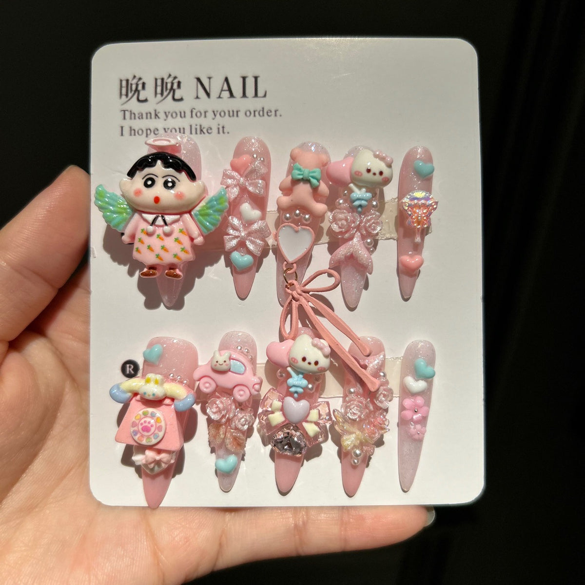 Handmade Kawaii Pink Glitter Long Stiletto Press On Nails with 3D Angel Crayon Shin-chan, Bear & Bunny Cartoon Charms