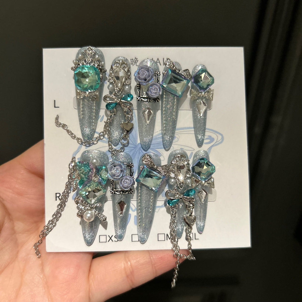 Handmade Light Blue Glitter Purple Rose Long Stiletto Press On Nails with Teal Crystals & Dangling Chains