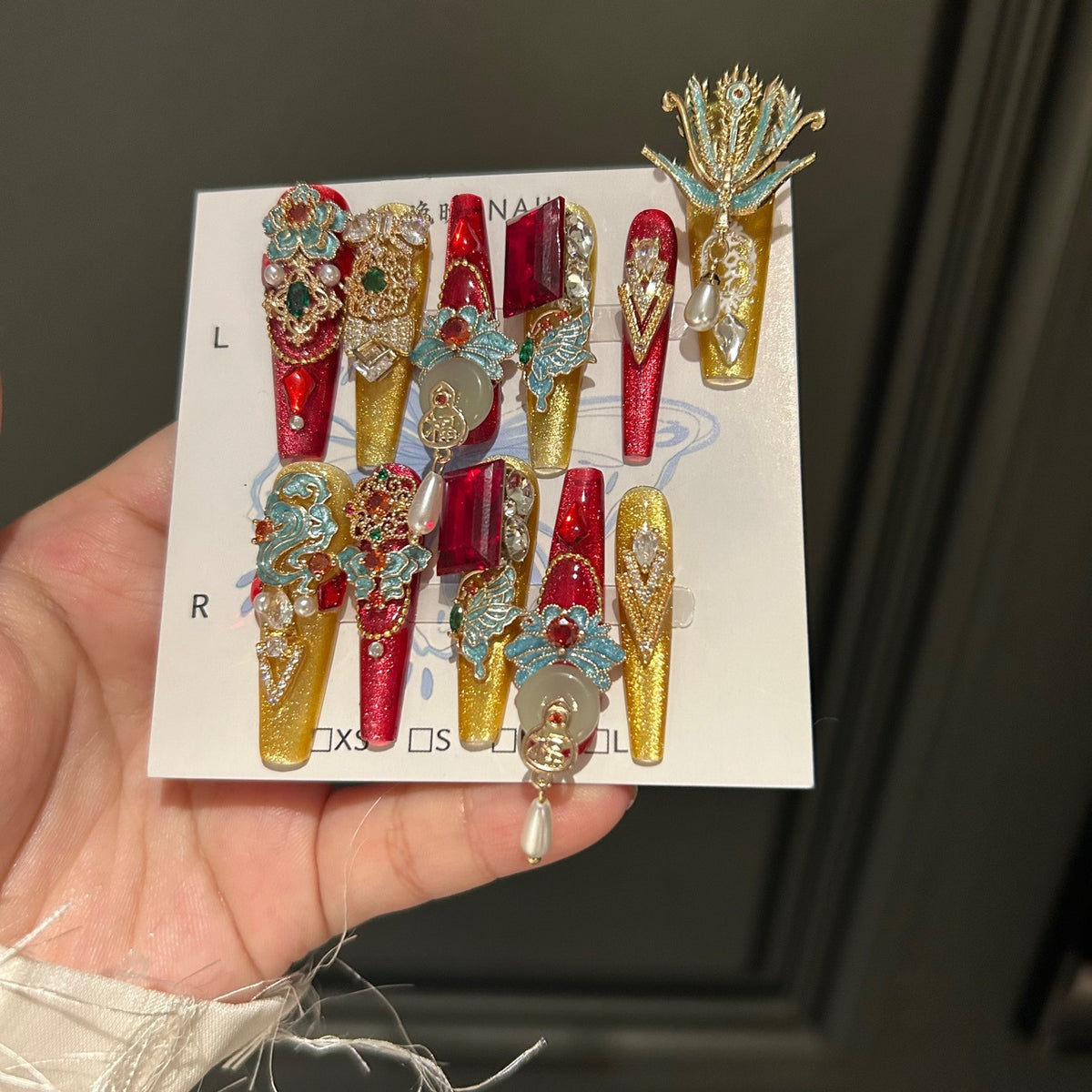 Handmade Chinese Style Red & Gold Long Coffin Press On Nails with Phoenix Metal Charms, Jade Accents, Red Gems, Pearls & Dangling Pendants