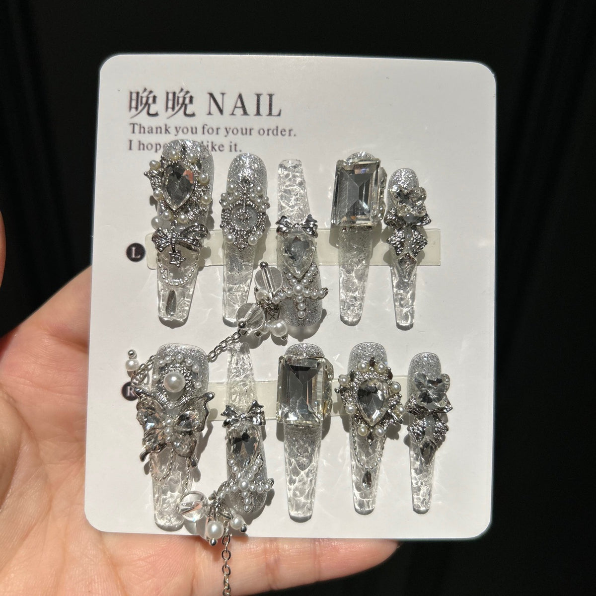 Handmade Clear Silver Glitter Long Coffin Press On Nails with Giant Clear Crystals, Butterfly Charms, Pearls & Dangling Silver Chains
