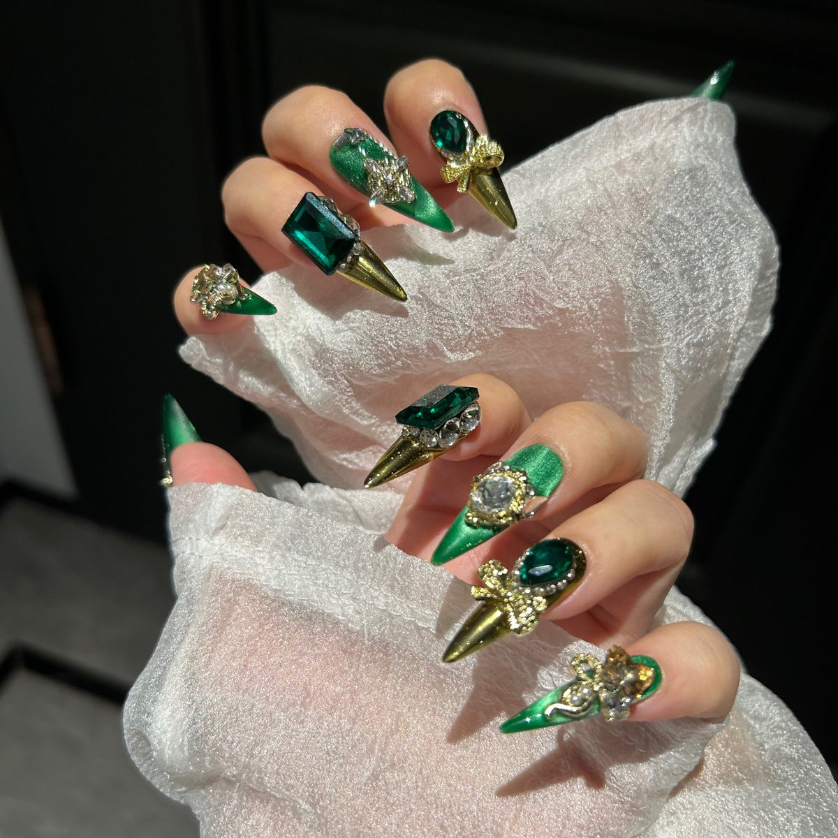 Handmade Emerald Green Metallic Long Stiletto Press On Nails with Giant Emerald Crystals, Gold Bow & Rhinestone Ornaments
