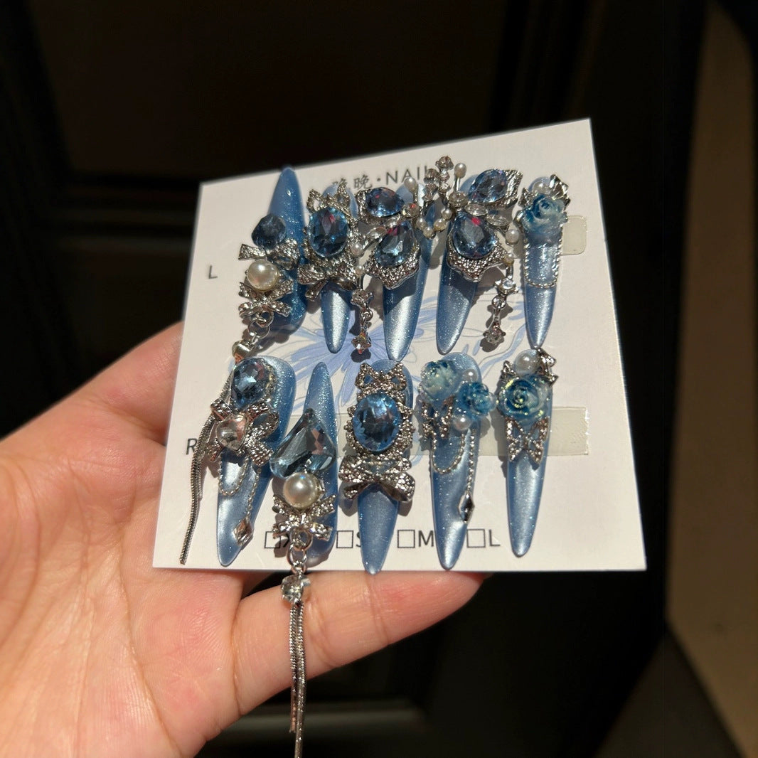 Handmade Sparkly Blue Rose Butterfly Long Stiletto Press On Nails with Blue Crystals & Chains
