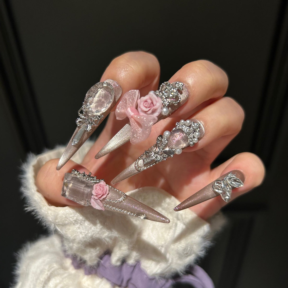 Champagne Nude Cat Eye Stiletto Press-on Nails with 3D Pink Rose, Sheer Bow, Crown, Crystal Frame, and Draping Charm - Luxury Glam Fake Nail Set