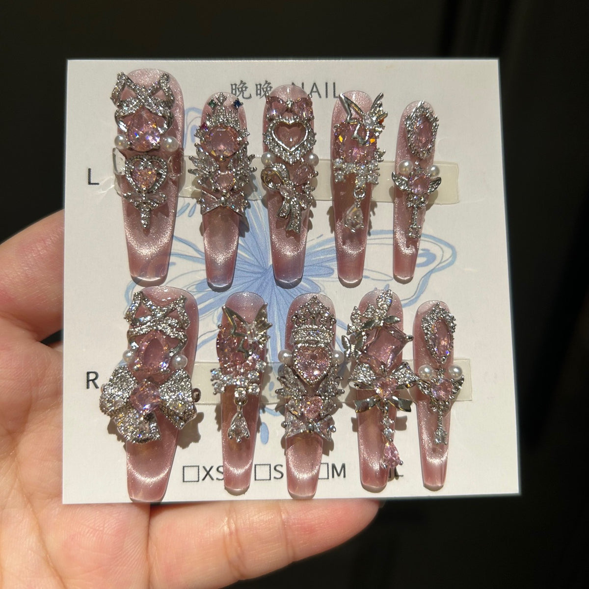 Handmade Pink Cat Eye Long Coffin Press On Nails with Large Pink Heart Crystals, Silver Rhinestone Crown & Butterfly Charms, Pearl Accents
