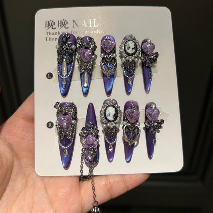 Handmade Purple Blue Cat Eye Cameo Portrait Long Stiletto Press On Nails with Purple Heart Crystals & Butterfly Charms