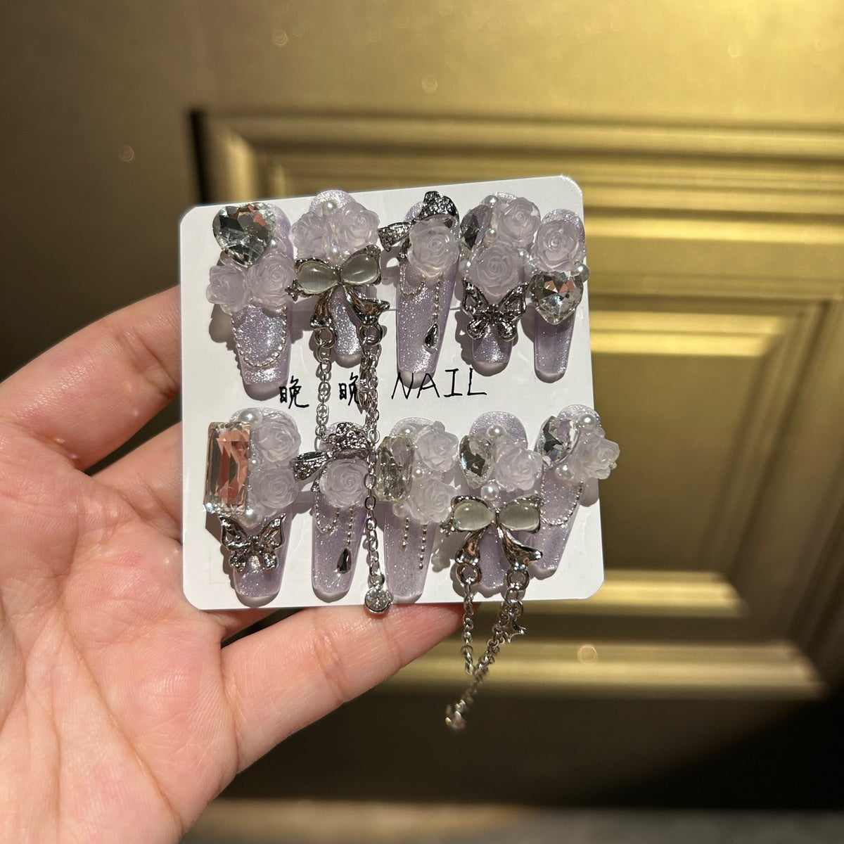 Handmade Pale Lavender 3D Rose Long Coffin Press On Nails with Bow, Crystals & Dangling Chains