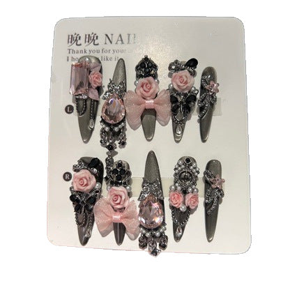 Gunmetal Grey Cat Eye Stiletto Press-on Nails with Oversized Pink Crystal, Sheer Bow, 3D Pink Rose, and Heavy Silver Carvings - Dark Sweet Cool Fake Nail Set