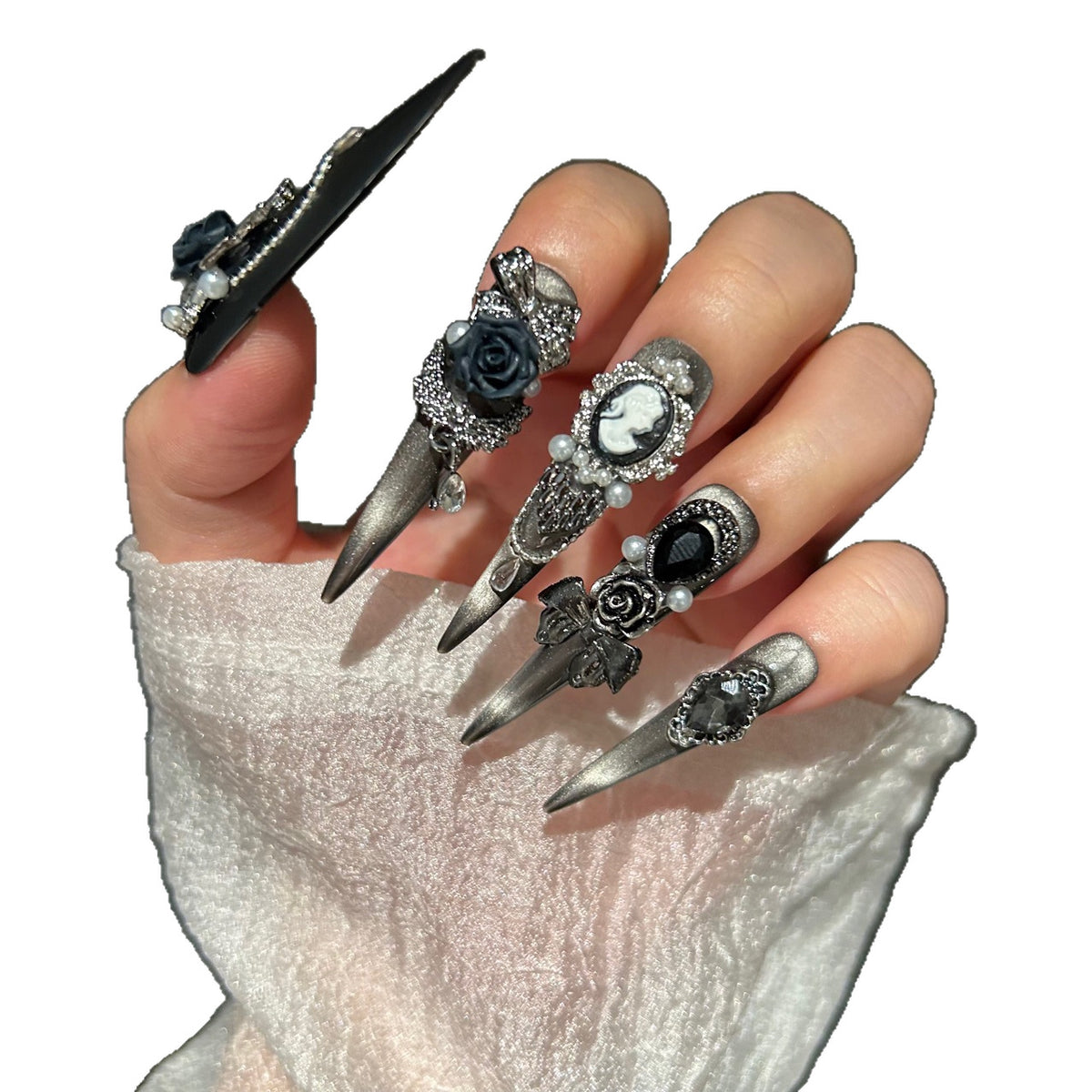 Handmade Gunmetal Metallic Long Stiletto Press On Nails with 3D Black Roses, Vintage Cameo Portrait Charms, Rhinestone Bows, Pearls & Crystal Drops