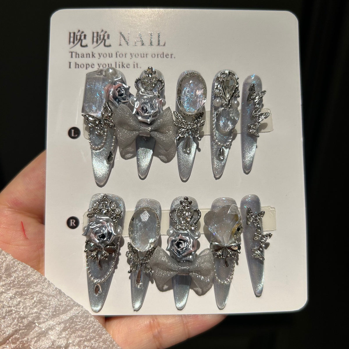 Handmade Silver Cat Eye Long Stiletto Press On Nails with 3D Silver Roses, Crown Charms, Glitter Bow, Butterfly Rhinestones & Pearls