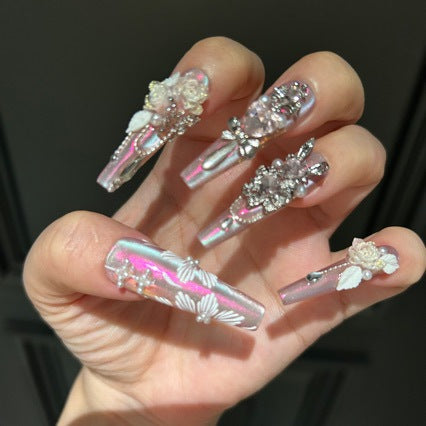 Handmade Pink Aurora Long Coffin Press On Nails, 3D White Rose False Nails with Large Pink Gems, Pearls & Silver Rhinestones