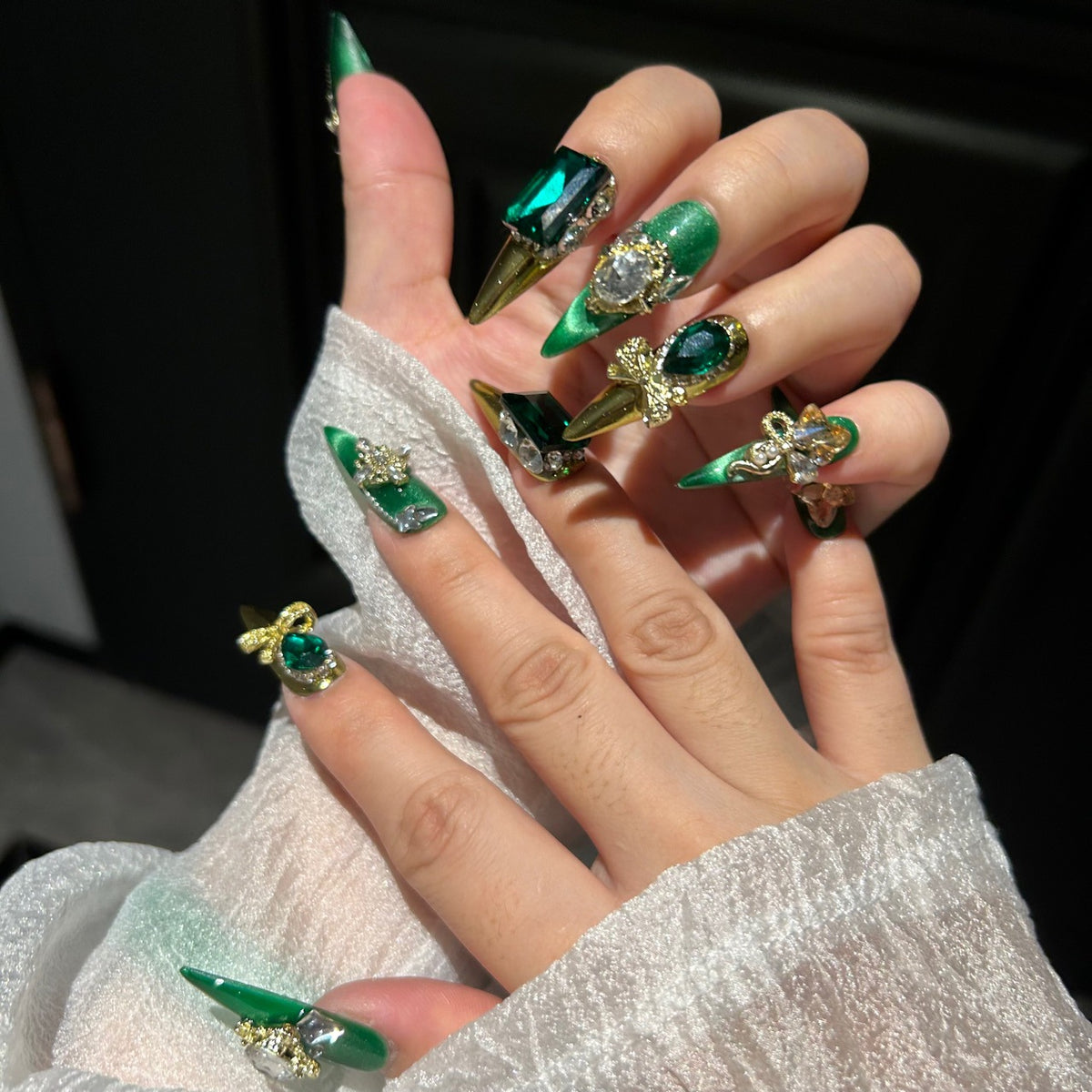Handmade Emerald Green Metallic Long Stiletto Press On Nails with Giant Emerald Crystals, Gold Bow & Rhinestone Ornaments