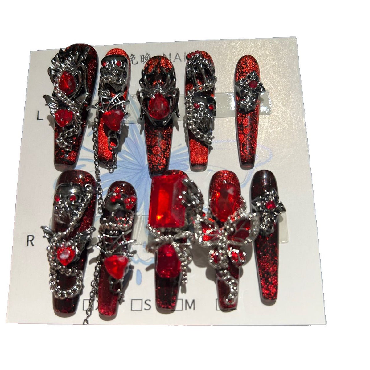 Handcrafted Designer Dark Aesthetic Press-on Nails - Shimmering Red-Black Base with Heavy 3D Gemstones, Skull Art and Chain Drops