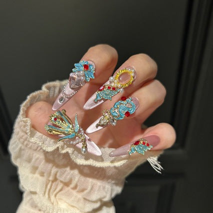 Handmade Pastel Pink Chinese Style Long Stiletto Press On Nails with Turquoise Phoenix Charms, Red Gem Accents, Pearl Clusters & Gold Filigree