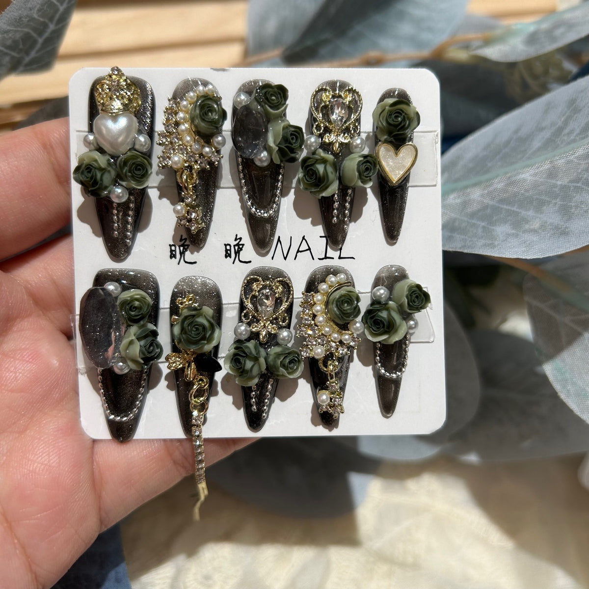 Handmade Dark Smoky Glitter Long Stiletto Press On Nails with 3D Olive Green Roses, Gold Filigree Charms, Pearls & Dangling Tassels