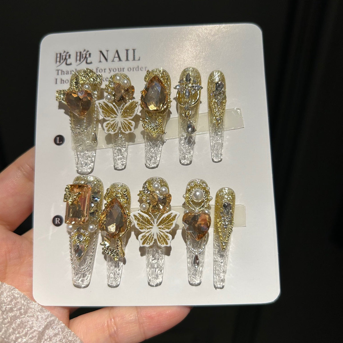 Handmade Clear Gold Glitter Long Stiletto Press On Nails, 3D White Butterfly False Nails with Champagne Heart Gems, Pearls & Rhinestones