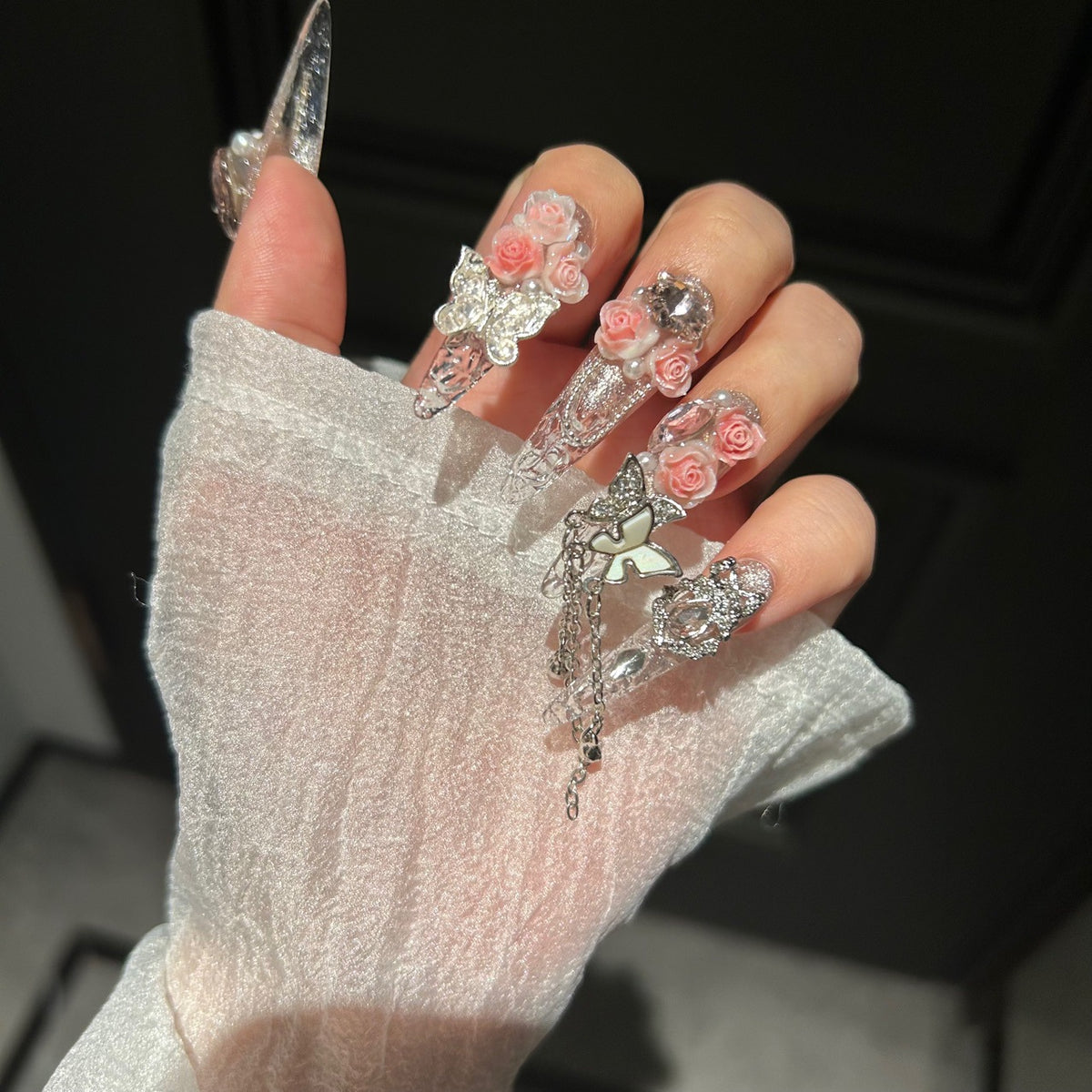 Pink Cat Eye Stiletto Press-on Nails with 3D Rose, Crystal Rhinestone, and Hanging Chain Charms - Luxury Fairy Fake Nail Set