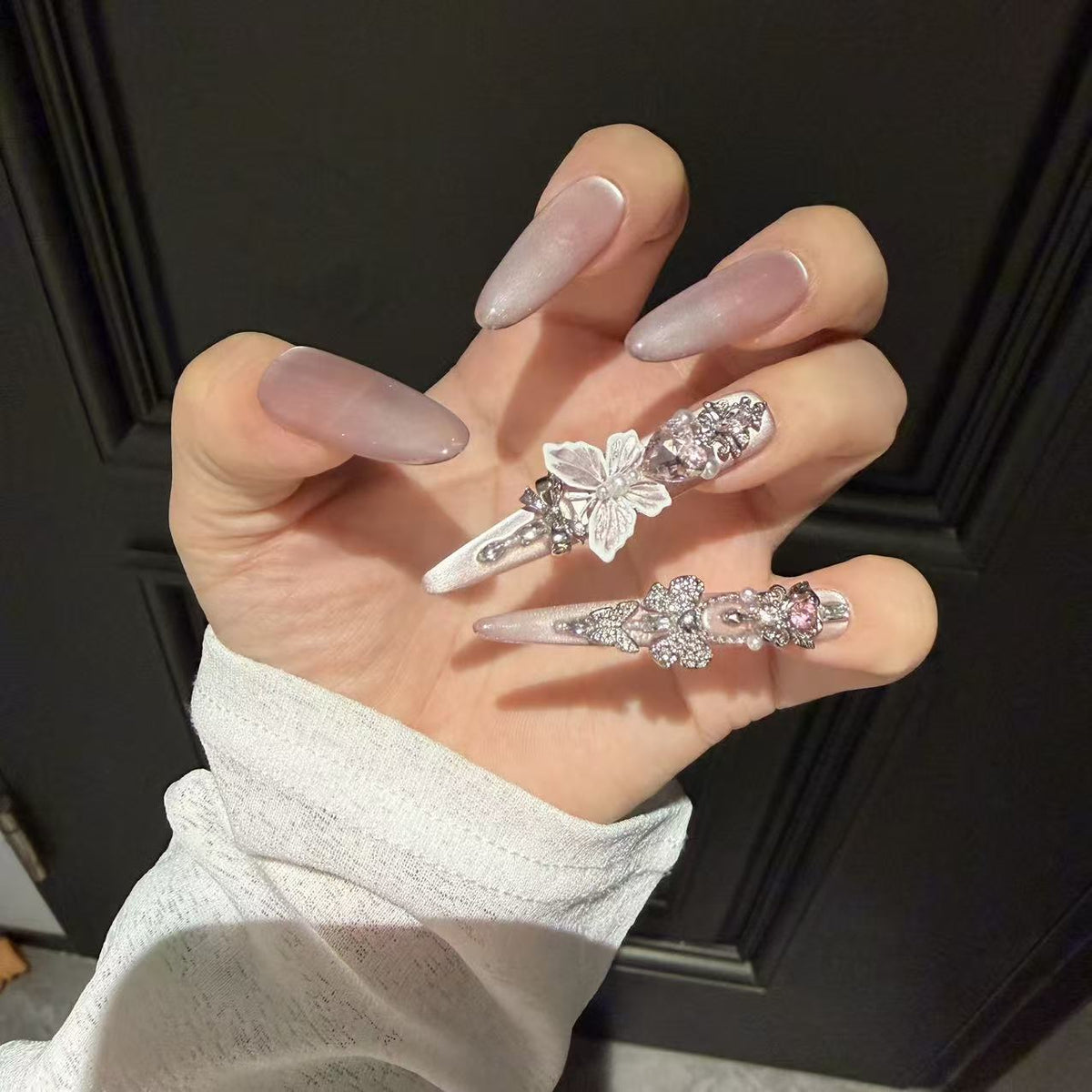 Ice White Cat Eye Stiletto Press-on Nails with 3D Butterfly, Rhinestone, and Pearl Accents - Luxury Fairy Fake Nail Set