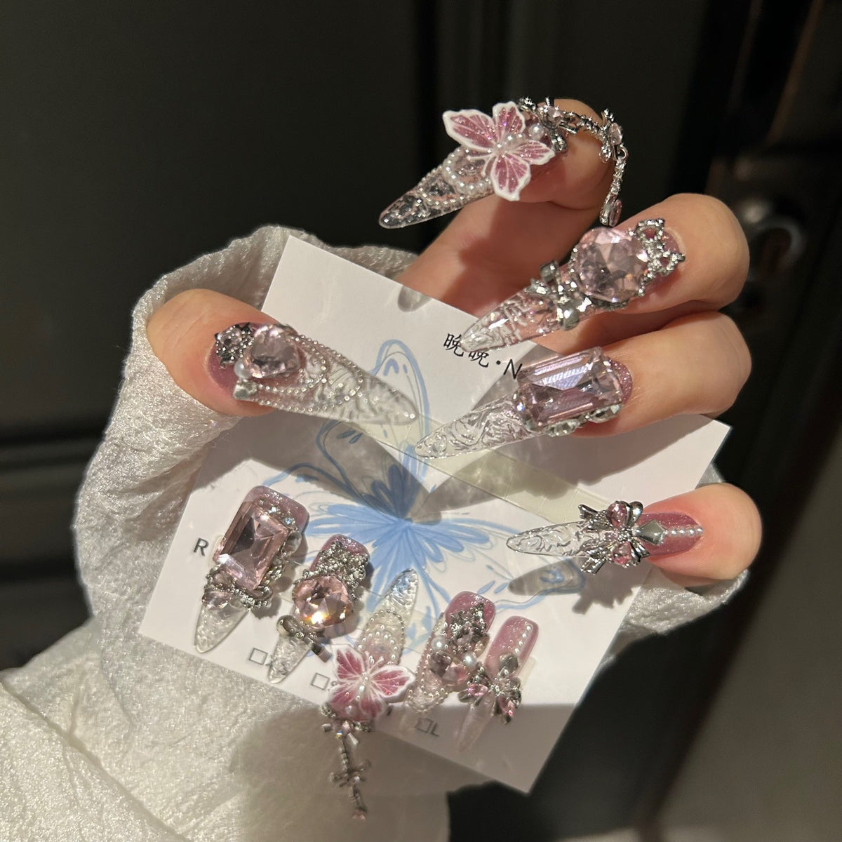 Handmade Clear Pink Lace Long Stiletto Press On Nails with Large Pink Crystals, Pink Butterfly Charms, Pearl Accents & Silver Rhinestone Chains