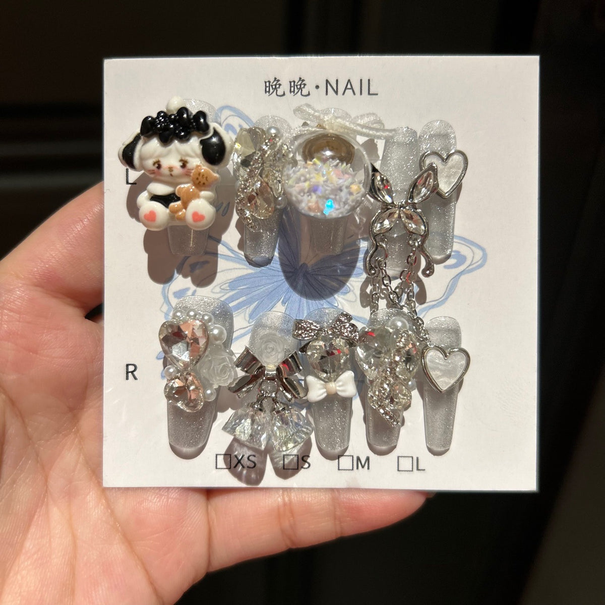 Handcrafted Designer Y2K Press-on Nails - Shimmering Cat Eye Base with Heavy 3D Anime Puppy, Floating Glitter Ball and Rhinestones