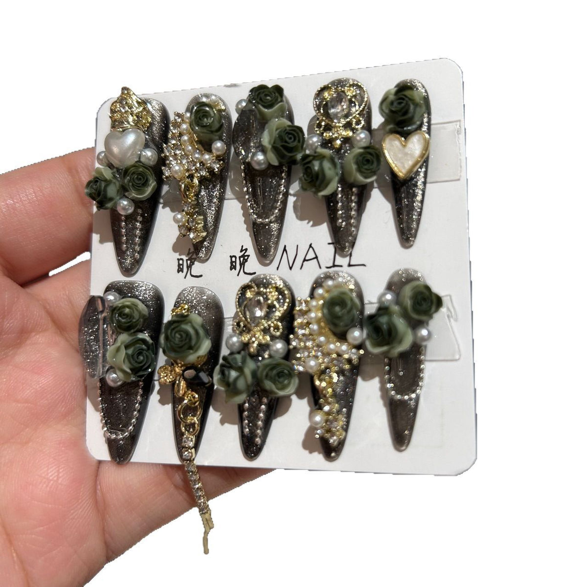 Handmade Dark Smoky Glitter Long Stiletto Press On Nails with 3D Olive Green Roses, Gold Filigree Charms, Pearls & Dangling Tassels