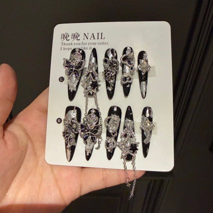 Handmade Dark Gothic Press On Nails | Luxury Heavy Industry Silver Chain & 3D Metal Art Reusable Fake Nails, Edgy Black Stiletto Nail Art