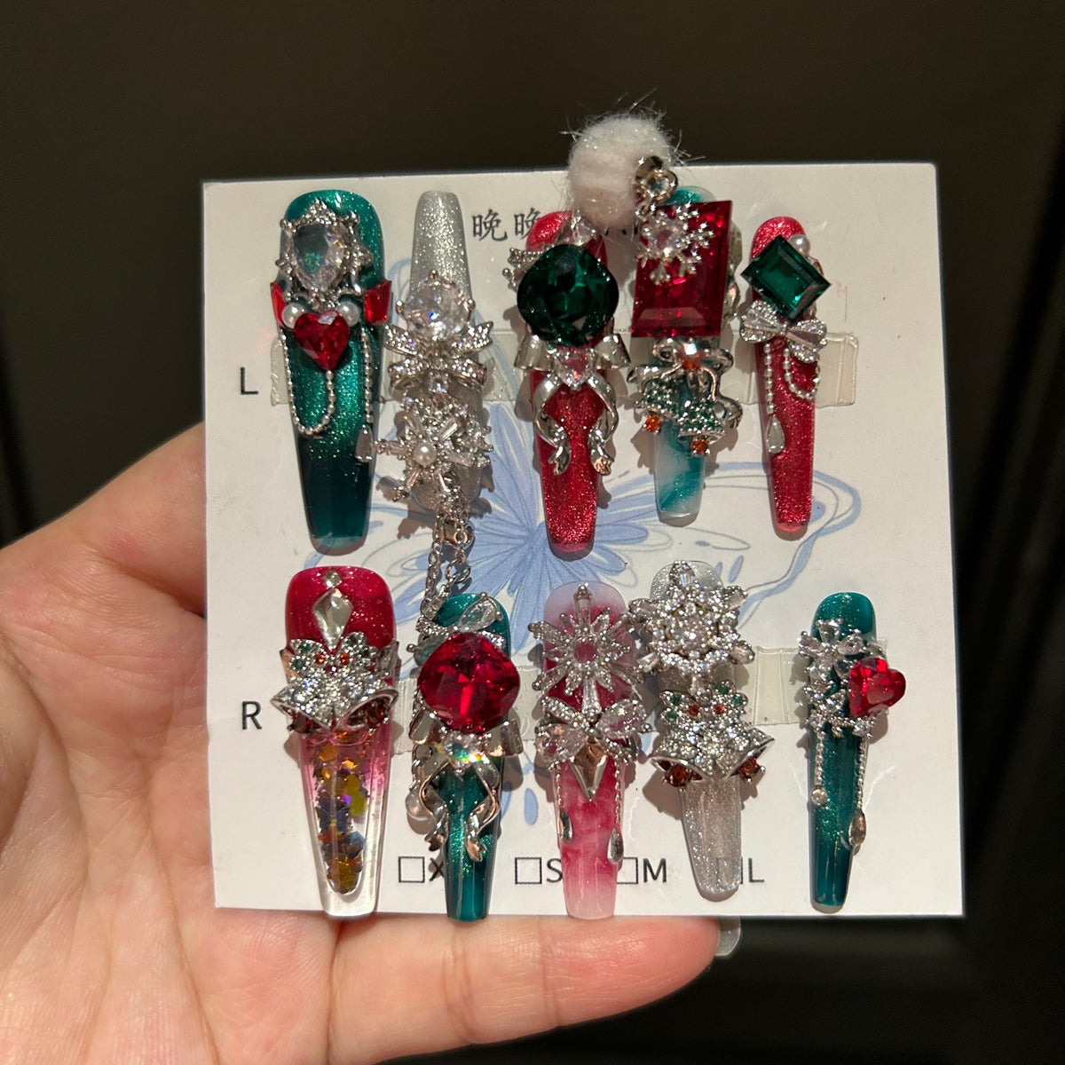 Red and Green Christmas Coffin Press-on Nails with 3D Ruby, Emerald Gem, Snowflake, and Hanging Chain Charms - Holiday Glam Fake Nail Set