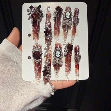 Handmade Burgundy Ombre Long Stiletto Press On Nails, Vintage Cameo Portrait False Nails with Dark Roses, Pearls & Dangling Chains