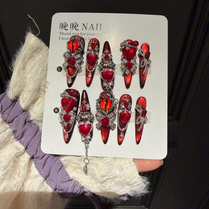 Handmade Red Evil Eye Press On Nails | Luxury Heavy Industry Rhinestone & 3D Heart Reusable Fake Nails, Dark Goth Red Cat Eye Nail Art